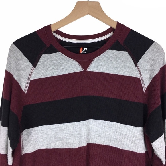 AMPLIFY Thermal Shirt Waffle Knit Long Sleeve Stripe Black Grey Burgundy Large - Picture 2 of 8